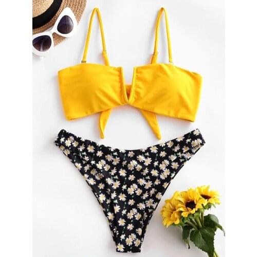 Sexy Bikini 2020 Women Lace Up Solid Yellow Micro Swimsuit Bathers Front Tie Sumflower Print Thong Swimwear Trajes De Bano