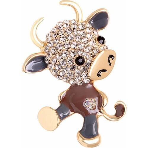 Rhinestone Cute Enamel Milk Cow Brooches For Women Chinese Bull Year Design Fashion Animal Pin Brooch Good Gift