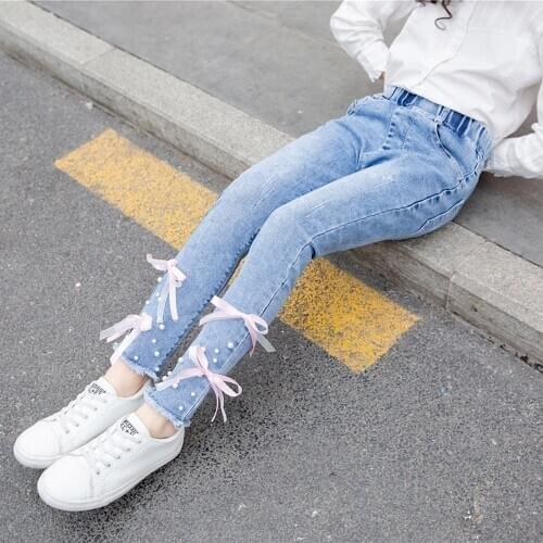 Spring 2020 Childrens Clothing Girls Stretch Blue Bow Tie Denim Pearl Jeans New Style Feet Pants Children Girls Trouser Clothes