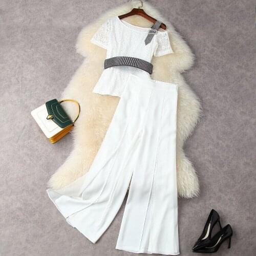 Europe and the United States womens clothing New Summer 2021 one-shoulder lace shirt Wide-legged pants Fashion suits