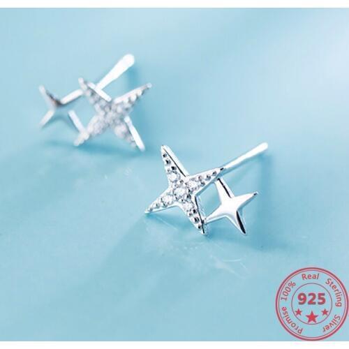 Real 100% 925 Sterling Silver Stars shine Zircon Stud Earrings For Women Wedding party Fine Jewelry Bohemia Accessories Gift