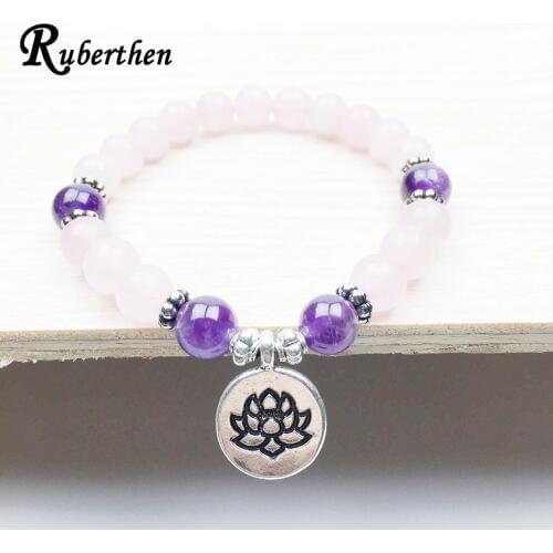 Ruberthen Healing Love and Peace Bracelet Women`s Yogi Jewelry Fashion Lotus Bracelet for Girl Natural Rose Pink Stone Bracelet