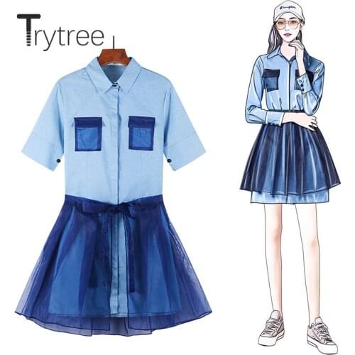 Trytree 2020 Spring Summer Women two piece Set Casual Turn-down Collar Solid Pockets Tops + Skirt Mini Mesh A-line 2 Piece Set