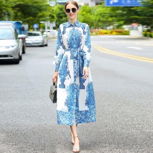 Long Sleeved Dress Women Autumn 2020 New Vintage Printed Turn Down Collar Slim Waist Belt A-Line Elegant Long Shirt Dress Female