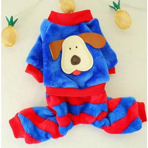 Four-legged Winter Warm Pet Clothing Cartoon Dog Print Red Blue Stripes Dog Jumpsuit Dog Coat Jacket Teddy Chihuahua Dog Clothes