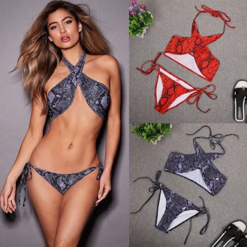 2019 Sexy Women Snakeskin Bikini Push Up Swimsuit Padded Halter Swimwear Swimming Suit Summer Bathing Beachwear 2pcs