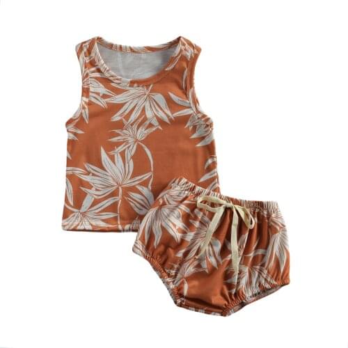 2021 Summer Babys Casual Sports Suit, Leaves Print Round Neck Sleeveless Camisole, Bow Loose Elastic Shorts Hot Sale
