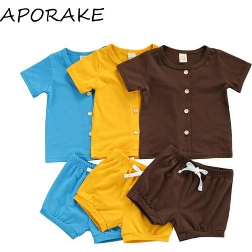 2021 0-24M Infant Boy Girl Clothing Summer Casual 2pcs Solid Color Short Sleeve Button Top+Shorts Cotton Outfits Set