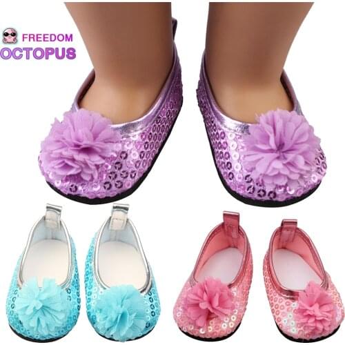43cm Bew Born Baby Sequin Flower Doll Shoes 3 Colors Cute Hand Embroidery Shoes For 18 Inch American&Russia&1/3 BJD Dolls Sock