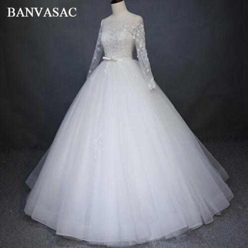 BANVASAC 2017 New Elegant Embroidery O Neck Wedding Dresses Full Sleeve Beadings Sash Satin Lace Bridal Ball Gowns