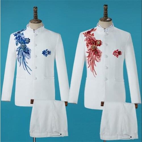Blazer men Chinese tunic suit set with pants mens decal sequin embroidery suits costume singer stage clothing formal dress B378