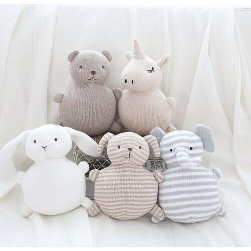 Baby Pillow with Bell Bear Plush Toys for Kids Room Decor Infant Knitted Animals Stuffed Dolls Toys for Newborns Gifts