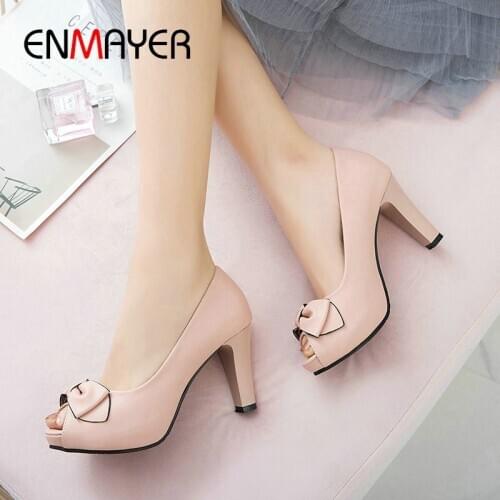 ENMAYER 2020 High Heel Basic PU Peep Toe Slip-On Sweet Women Shoes Platform Heels Butterfly-knot Square Heels Women Pumps 34-43