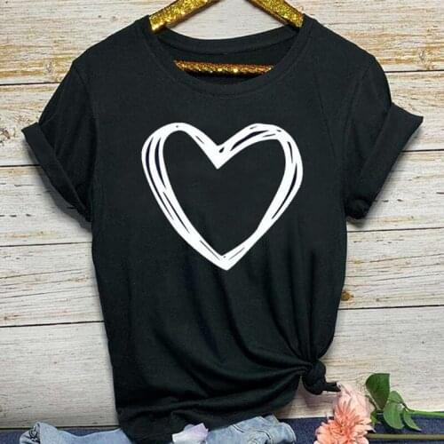Heart Print Student Tshirt European Korean Cotton O Neck T-shirt Men Round Neck Black Ladies Printing Halloween Hip Hop Top