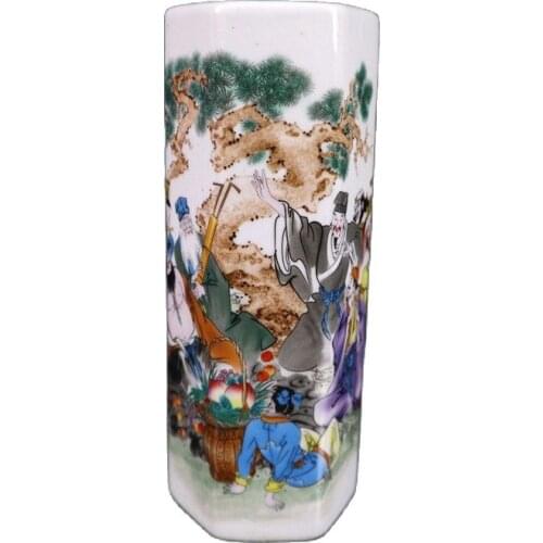 China Old Porcelain Pastel Eight Immortals Pattern Hexagonal Pen Holder