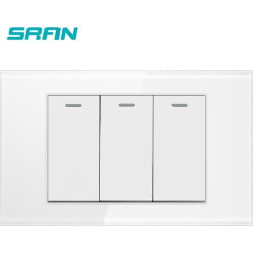 SRAN AU/US standard 3 gang 2 way rocker switch,250V 16A wall light switch for stairs crystal tempered glass 118mm*72mm
