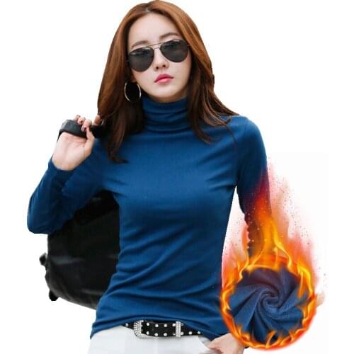 Fashion Turtleneck Solid Color T-shirt New Autumn Winter Warm Top Clothes With Fleece Basic Shirt Camiseta Mujer Tees