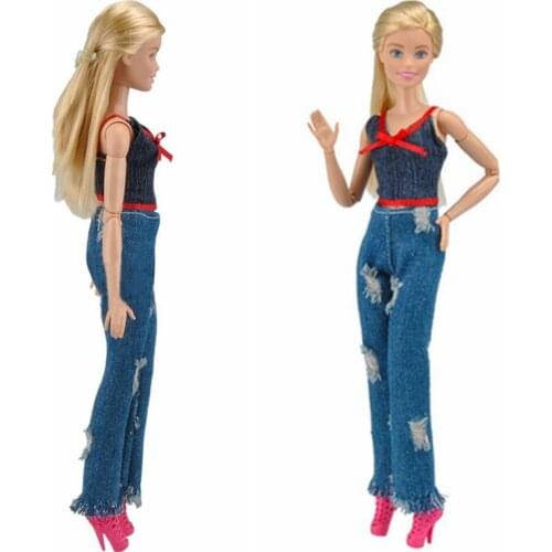 Fashion Jeans 11.5" Doll Clothes For Barbie Clothes Dark Blue Shirt Top Ripped Denim Pants Trousers 1/6 BJD Accessories Clothing