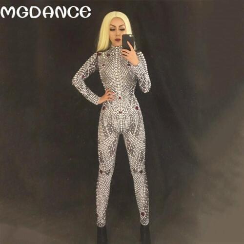 New Women Sexy Glass Crystals Stones Women Jumpsuit Full Pearl Sparkling Rhinestones Jumpsuit Nightclub Stage Wear Bling Costume