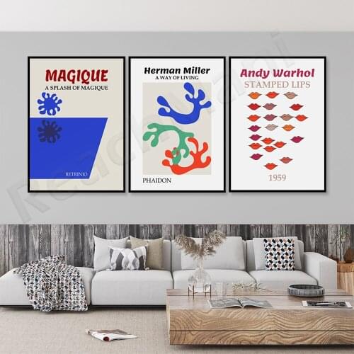 Herman Miller prints, Andy Warhol prints, Matisse prints, exhibition posters, lip prints, gallery wall art minimalist wall decor