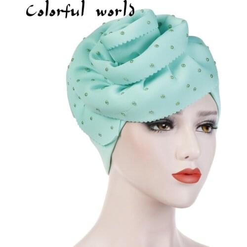 Hand-made Muslim-drilled Oversized Flowers Flanging Pure Colored Headscarf Cap Space Cotton Hood Turban Hat Cancer Chemo Beanie