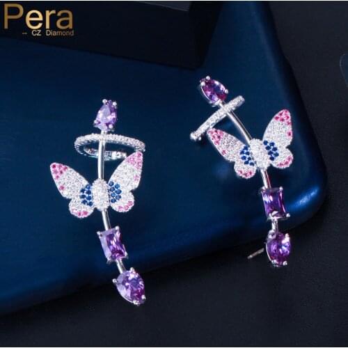 Pera Romantic Purple Amethyst Butterfly CZ Stone 925 Silver Long Ear Cuff Fairy Stud Earrings for Ladies Engagement Jewelry E725
