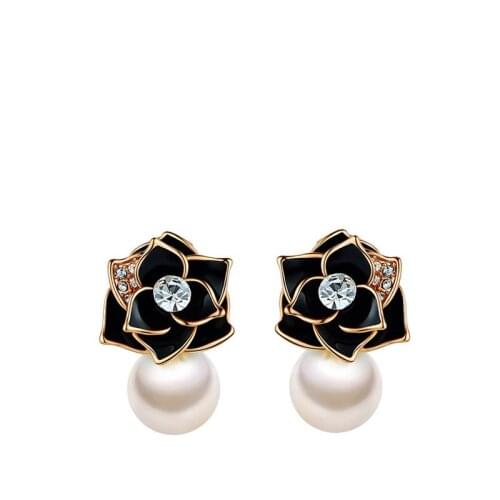 Wholesale Hot Sale Top Classic Black Rose Flower Pearl Earrings Studs Rose Gold Plated Micro Mosaic Zirconia For Women Jewelry