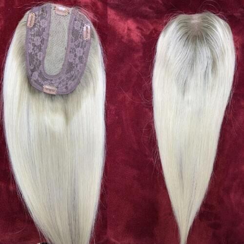 Hair Piece Real Human Hair Extensions Topper for Women Natural Straight Ombre Black Fading to Blonde lace +weft Toupee Clips