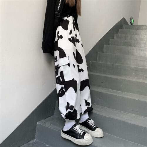Women Loose Straight Pants Autumn Harajuku Gothic High Waist Wide Leg Trousers Vintage with Cow Print High Elastic Capris A94