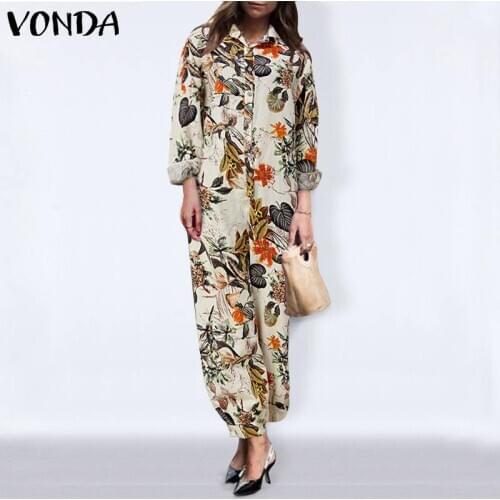 S- Rompers Women Jumpsuits 2021 VONDA Long Sleeve Vintage Floral Print Lapel Cotton Jumpsuits Loose Overalls Pants