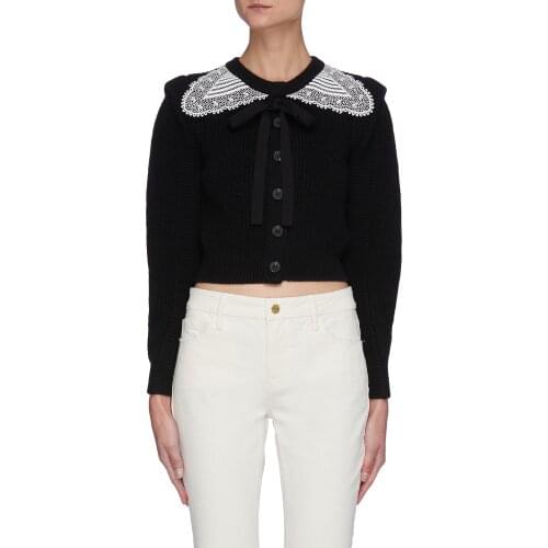 2021 Early Autumn Women Black Short Knit Sweater Ladies Lace Stitching Single-Breasted Lace-up Knitwear Outwear Tops