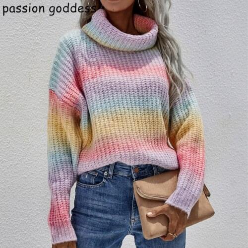 2021 Autumn Winter New Womens Casual Knitted Sweater Raglan Sleeve Turtleneck Rainbow Striped Loose Pullover Sweaters Jumper