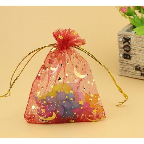High quality 100pcs Organza Bag 9x12cm mall Jewelry Gift Bag Drawstring Pouch Star Moon Pattern Organza Weddin Decorative bags