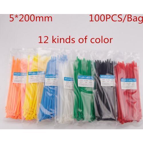 High Quality 100Pcs 5X200MM Self-Locking Colorful Factory Standard Self-locking Plastic Nylon Cable Ties,Wire Zip Tie