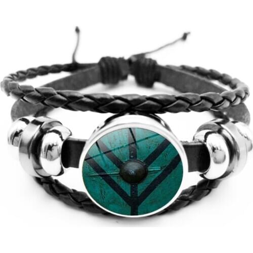 2020 Vikings Pirate Badge Bracelet Charm Glass Cabochon Black Leather Braided Snap Bracelet Jewelry Gift