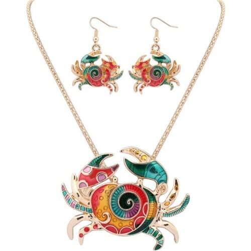 2020 New Fashion Gold Color Enamel Crab Jewelry Sets For Women Girl Colorful Animal Statement Necklace Earrings Set Party Gift