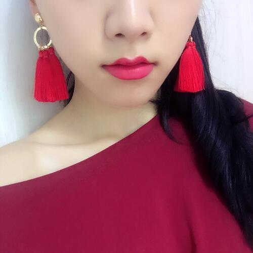 Bohemian Alloy Ring Pendant Geometric Earring Multi-color Silk Thread Tassel Women Fashion Ball Earrings Jewelry