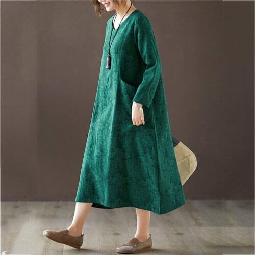 Loose Autumn And Spring Plus Size jacquard Dress Cotton Linen Long Dress Ethnic Retro V-neck Dress Female Robes & Vestidos f2583