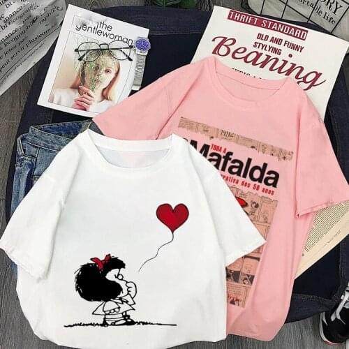 FIXSYS Mafalda Cute Graphic Print T-shirt Women Harajuku Aesthetic White Tops Kawaii Tshirt New Summer Fashion Female Tops