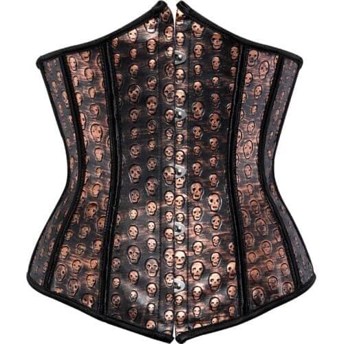 Faux Leather Corset Steampunk Underbust Corset Bustier Sexy Brown Corset with Skull Print Lingerie Top Plus Size Pirate Costume