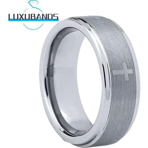 Tungsten Carbide Ring 8MM For Men Women Stepped Edges Custom Cross Pattern Brushed Finished Comfort Fit