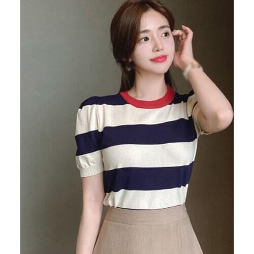 Korean Style Round Neck Stripe Top Summer T Shirt Simple Short Sleeve Women Slim and Versatile Bubble Short Sleeve Knitted Top