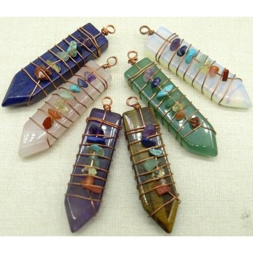 Natural Stone Quartz Crystal Amethyst 7 Chakra Pillar Chakra Wire Winding arrow Pendant For Crystal Jewelry Making Necklace 6pcs