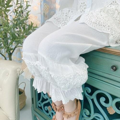 Original Sweet Mori Girl Cotton Linen Elastic Waist Lace Embroidery Loose Casual Japan Women Pants Vintage Hippie Boho Clothes