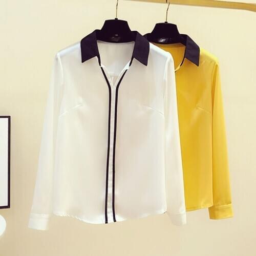 Autumn 2020 Shirt Korean Chiffon White Shirt Womens Long Sleeve Tops Casual Spliced Solid V-Neck Clothing Blusas Female 1009