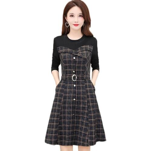 Autumn Winter Womens Dresses New Fashion Plaid Stitching Fake Two-piece Dress Slim Plus Size 4XL Elegant Ladies Office Dress
