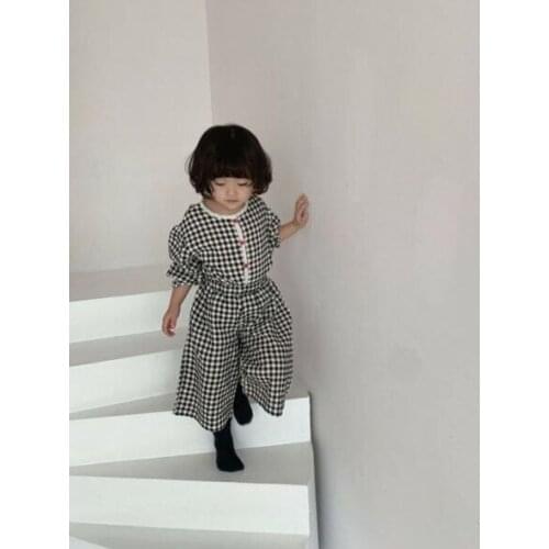 Japan and South Korea spring and autumn girls' Plaid leisure long sleeve shirt + 9-point wide leg pants wear two-piece set