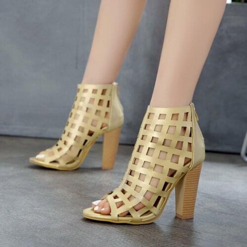 Summer High Heels Sandals Women Shoes Peep Toe Zip Ankle Square Heel Woman Sandals Hollow Out Sexy Ladies Party Solid Shoes