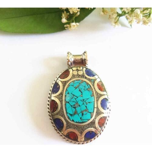 TBP437 Indian White Metal Copper Inlaid Colorful Stone Flower Pendants Oval Round