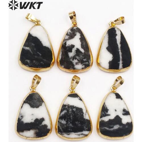WT-P1022 Big Tear Drop Gold Trim Pendant Natural Zebra Stone In Random Shape For Women Stylish Necklace Pendant